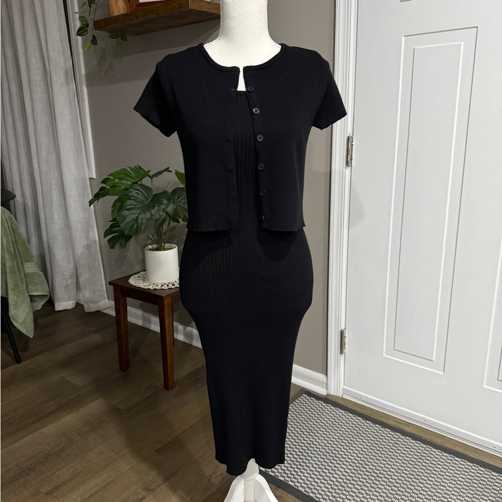 Emma & Posh Black Ribbed Knit Dress and Short Sleeve Cardigan Set Sz. L